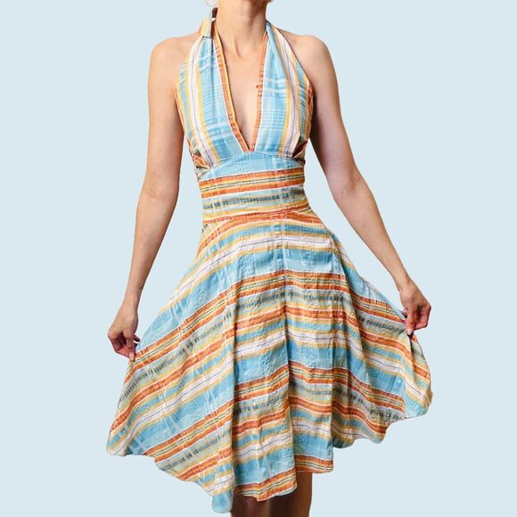 Vintage Finley Marilyn Halter Dress – Blue Orange Plaid – Size 10 – Open Back - Picture 6 of 12